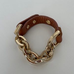 Tan leather and gold chain bracelet